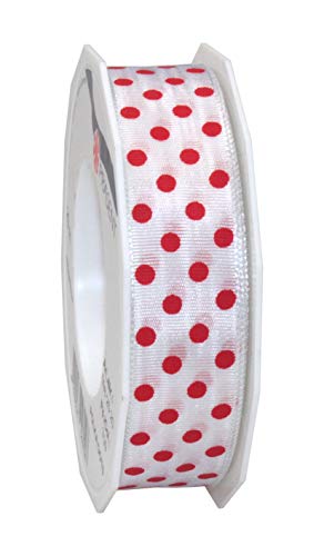 PRÄSENT Polka DOTS Band mit Drahtkante weiß/rot, 20 m gepunktetes Dekoband, 25 mm Breite, leicht biegsames Schleifenband zum Dekorieren & Basteln, für besondere Anlässe von PRÄSENT