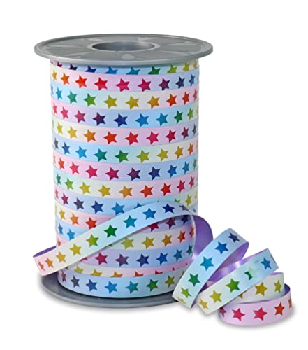 PRÄSENT RAINBOW Ringelband Sterne pastell, 200 m Geschenkband zum Verpacken und Dekorieren, 10 mm Breite, Dekoband in Regenbogenfarben, leicht kräuselbar von PRÄSENT