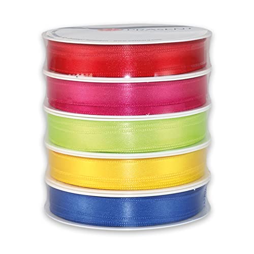 PRÄSENT SATIN bunt, 5 x 3 m Satinband, 10 mm Breite, Geschenkbandset für Verpackungen und Dekorationen, weiche Stoffbänder in fünf verschiedenen Farben von PRÄSENT