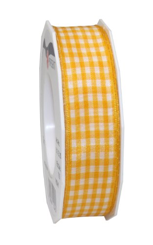 Präsent Vichy Geschenkband mit Drahtkante Sonnengelb/weiß, 20 m Dekoband zum Verzieren & Basteln, 25 mm Breite, Kariertes Band für Bunte Dekos & Geschenkverpackungen, zu feierlichen Anlässen von PRÄSENT