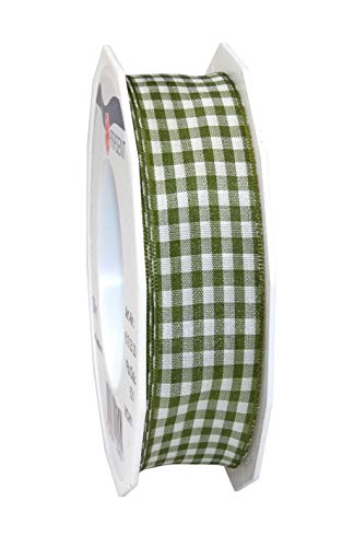 PRÄSENT Vichy Geschenkband mit Drahtkante Olive/créme, 20 m Dekoband zum Verzieren & Basteln, 25 mm Breite, Kariertes Band für Bunte Dekos & Geschenkverpackungen, zu feierlichen Anlässen von PRÄSENT