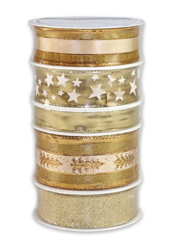 PRÄSENT WEIHNACHTEN gold, 5 x 3 m Schleifenband, in verschiedenen Breiten, Geschenkbandset für Verpackungen und Dekorationen, weiche Stoffbänder in fünf verschiedenen Varianten von PRÄSENT