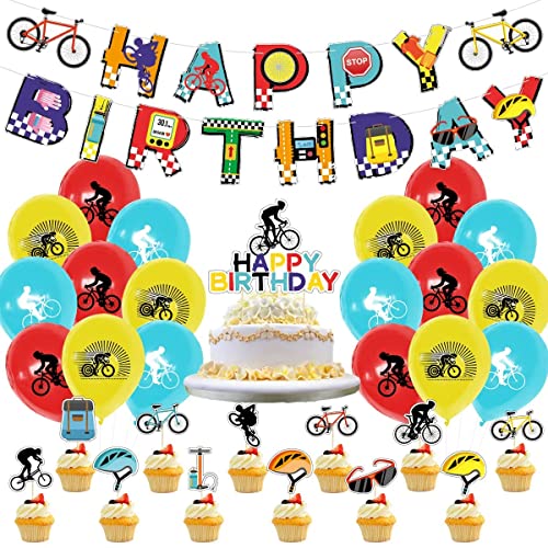 PRATYUS Fahrrad Geburtstagsparty Dekorationszubehör, Fahrrad Baby Geburtstagsbanner, Radfahren, Kuchen, Cupcake Topper, ballons für Fahrrad Sportfans, Kinder, Jungen, Fahrrad Geburtstagsfeier von PRATYUS