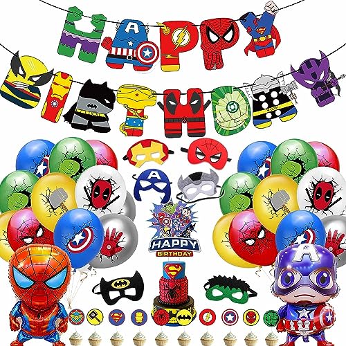 PRATYUS Superhelden Geburtstagsparty Dekorationsset, Happy Birthday Banner, Superhelden Maske, Folienballon, Kuchendekoration für Jungen und Mädchen, Kindergeburtstag, Superhelden Thema von PRATYUS