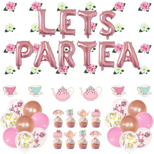 Teeparty-Dekorationen mit Let's Par Tea Aluminiumfolien-Luftballons, Blumen-Teeparty-Hängedekorationen von PRATYUS