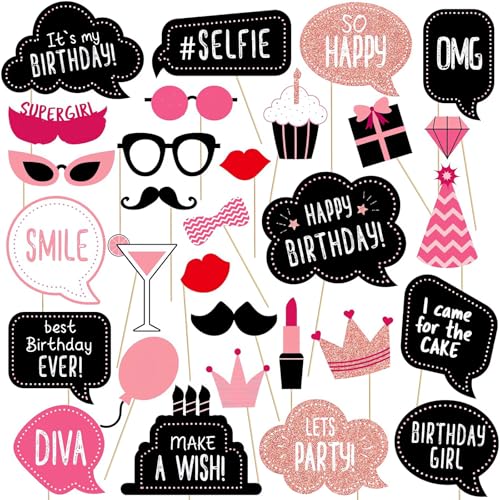 30-teiliges Fotobox Accessoires Rosa Fotografie-Requisitenset mit Brille, Bart, Hut und Anderen Requisiten Fotobox, Geeignet für Fotoautomaten, Partyunterhaltung von PRBUEHI