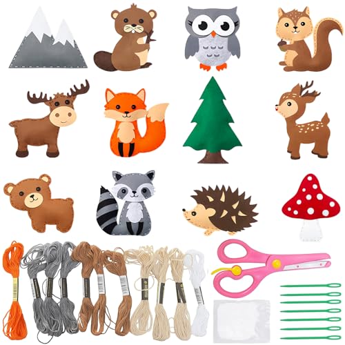 PRBUEHI 12 Teiliges Sticken Set Filz Nähset Kinder DIY Nähset aus Filz in Tierform Sticken mit Stickgarn,Plastiknadeln und Schere Geeignet für ab 6 Jahren Oder Anfänger von PRBUEHI
