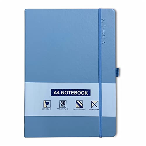 A4 Notizbuch, gebunden, liniert, Notizblock, liniert, Tagebuch, mit Stifthalter, Premium-Qualität, gebundenes Buch (Himmelblau) von PRECIOUS LONDON