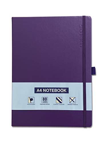 A4 Notizbuch, gebunden, liniert, Notizblock, liniert, Tagebuch, mit Stifthalter, Premium-Qualität, gebundenes Buch (lila) von PRECIOUS LONDON