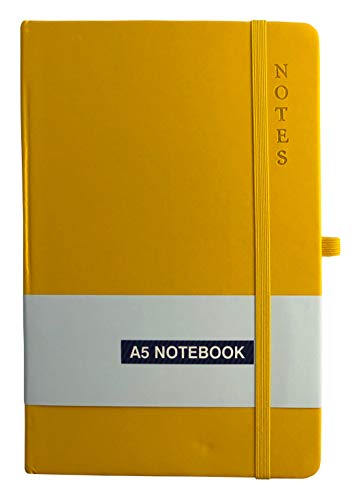 A5-Notizbuch, Hardcover, liniert, Notizblock, Notizen, liniert, Tagebuch, Tagebuch mit Stifthalter, Premium-Qualität, Gelb von PRECIOUS LONDON