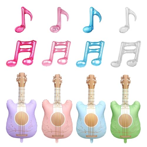 4 x farbige Gitarren-Ballons, 8 Stück Musiknoten-Ballons für Geburtstag, Babyparty, Musik-Themenparty-Dekoration von PRELITER