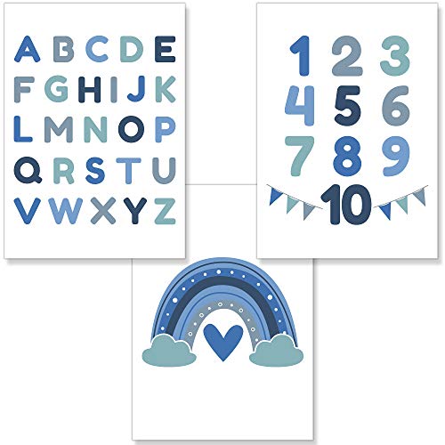 PREMYO Bilder Kinderzimmer Deko Jungen - Alphabet ABC Poster Set Babyzimmer - Wandbilder Schlafzimmer Regenbogen Blau A4 von PREMYO