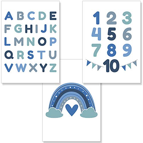 PREMYO Bilder Kinderzimmer Deko Jungen - Alphabet ABC Poster Set Babyzimmer - Wandbilder Schlafzimmer Regenbogen Blau A4 von PREMYO