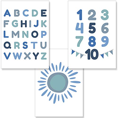 PREMYO Bilder Kinderzimmer Deko Jungen - Alphabet ABC Poster Set Babyzimmer - Wandbilder Schlafzimmer Sonne Blau A4 von PREMYO