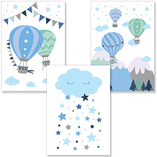 PREMYO Bilder Kinderzimmer Deko Jungen - Heißluft-Ballon Poster Set Babyzimmer - Wandbilder Schlafzimmer Wolke Blau A4 von PREMYO