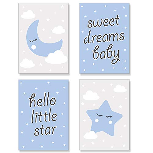 PREMYO Bilder Kinderzimmer Deko Jungen - Poster Set Babyzimmer - Wandbilder Schlafzimmer Mond Stern Wolken Blau DIN A4 von PREMYO