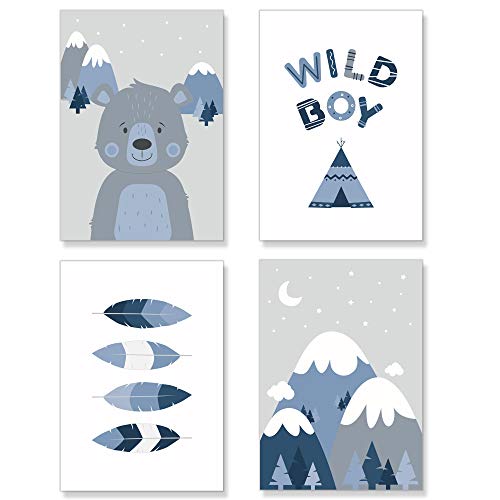 PREMYO Bilder Kinderzimmer Deko Jungen - Tipi Zelt Poster Set Babyzimmer - Wandbilder Schlafzimmer Bär Wildnis Blau A4 von PREMYO