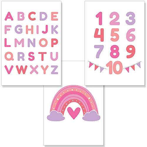 PREMYO Bilder Kinderzimmer Deko Mädchen - Alphabet ABC Poster Set Babyzimmer Wandbilder Schlafzimmer Regenbogen Rosa A4 von PREMYO
