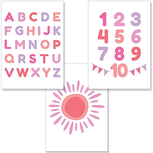 PREMYO Bilder Kinderzimmer Deko Mädchen - Alphabet ABC Poster Set Babyzimmer - Wandbilder Schlafzimmer Sonne Rosa A4 von PREMYO