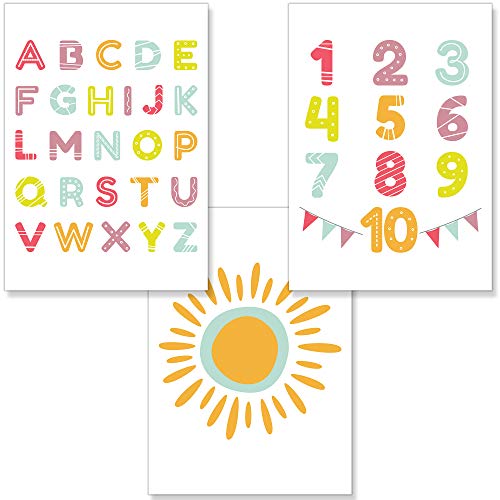 PREMYO Bilder Kinderzimmer Deko Mädchen Jungen - Alphabet ABC Poster Set Babyzimmer - Wandbilder Schlafzimmer Sonne A4 von PREMYO