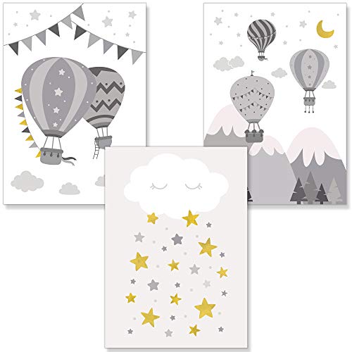 PREMYO Bilder Kinderzimmer Deko Mädchen Jungen - Heißluft-Ballon Poster Set Babyzimmer - Wandbilder Schlafzimmer Unisex von PREMYO