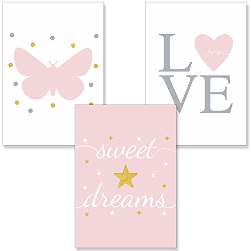 PREMYO Bilder Kinderzimmer Deko Mädchen - Poster Set Babyzimmer - Wandbilder Schlafzimmer Herz Schmetterling Rosa A4 von PREMYO