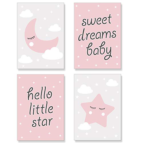 PREMYO Bilder Kinderzimmer Deko Mädchen - Poster Set Babyzimmer - Wandbilder Schlafzimmer Mond Stern Wolken Rosa DIN A4 von PREMYO