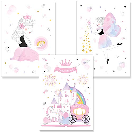 PREMYO Bilder Kinderzimmer Deko Mädchen - Poster Set Babyzimmer - Wandbilder Schlafzimmer Prinzessin Schloss Rosa A4 von PREMYO