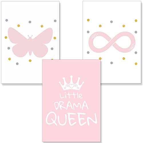 PREMYO Bilder Kinderzimmer Deko Mädchen - Poster Set Babyzimmer - Wandbilder Schlafzimmer Queen Schmetterling Rosa A4 von PREMYO