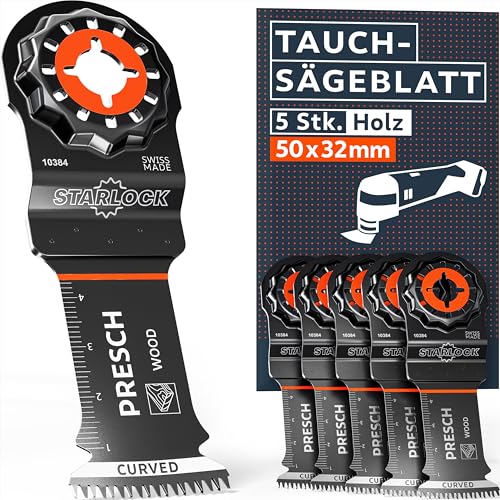 Presch Multitool Sägeblätter Holz 50x32mm 5 Stk. - Starlock Sägeblätter für werkzeuglosen Wechsel - Saubere, exakte Schnitte dank Japan-Verzahnung & Curved-Tec Design - Präzise Tauchsägeblätter Presch Multitool Sägeblätter Holz 50x32mm 5 Stk. - Starlock Sägeblätter für werkzeuglosen Wechsel - Saubere, exakte Schnitte dank Japan-Verzahnung & Curved-Tec Design - Präzise Tauchsägeblätter von PRESCH