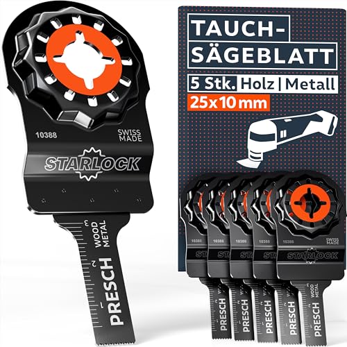 Presch Multitool Sägeblätter Holz & Metall 25x10mm 5 Stk. - Starlock Sägeblätter für werkzeuglosen Wechsel - Exakte Schnitte dank robuster BI-Metall Zähne & gekröpfter Form - Präzise Tauchsägeblätter Presch Multitool Sägeblätter Holz & Metall 25x10mm 5 Stk. - Starlock Sägeblätter für werkzeuglosen Wechsel - Exakte Schnitte dank robuster BI-Metall Zähne & gekröpfter Form - Präzise Tauchsägeblätter von PRESCH