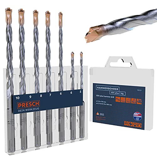 Presch SDS Plus Bohrer Set 7-tlg - Hammerbohrer Set SDS für Beton, Stein, Granit, Ziegel und Mauerwerk - Hochleistungs SDS Bohrer mit patentierter Hartmetallplatte - Betonbohrer Ø 5-10mm von PRESCH