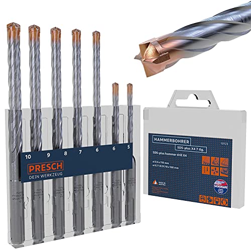 Presch SDS Plus Bohrer Set X4-7-tlg - Stahlbeton Bohrer mit 4 Schneiden und Dübellängenindikator - Hammerbohrer SDS für Beton, Stein, Granit, Ziegel, Mauerwerk - Betonbohrer Ø 5-10mm von PRESCH