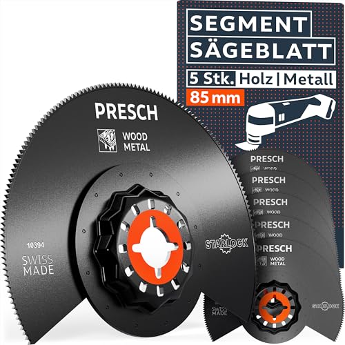 Presch Segmentsägeblätter Holz & Metall 85mm 5 Stk. - Multitool Sägeblätter für werkzeuglosen Wechsel - Saubere, exakte Schnitte dank robuster BI-Metall Zähne - Präzise Starlock Sägeblätter Presch Segmentsägeblätter Holz & Metall 85mm 5 Stk. - Multitool Sägeblätter für werkzeuglosen Wechsel - Saubere, exakte Schnitte dank robuster BI-Metall Zähne - Präzise Starlock Sägeblätter von PRESCH