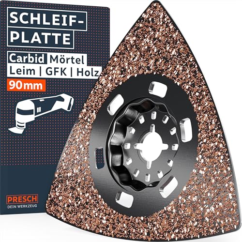 Presch Starlock Schleifplatte 90mm – Robuste Multitool Schleifplatte dank Carbid-Beschichtung & 20er-Körnung - Starker Abtrag bei Mörtel & Fliesenkleber - Delta Form für exaktes Schleifen bis in Ecken Presch Starlock Schleifplatte 90mm – Robuste Multitool Schleifplatte dank Carbid-Beschichtung & 20er-Körnung - Starker Abtrag bei Mörtel & Fliesenkleber - Delta Form für exaktes Schleifen bis in Ecken von PRESCH