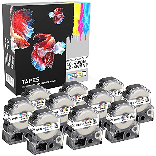 10 Kassetten LC-4WBN LC-4WBN9 SS12KW schwarz auf weiß 12mm x 8m Schriftband kompatibel für Epson LabelWorks LW-300 LW-300L LW-400 LW-500 LW-600P LW-700 LW-900P LW-1000P Beschriftungsgerät von PRESTIGE CARTRIDGE