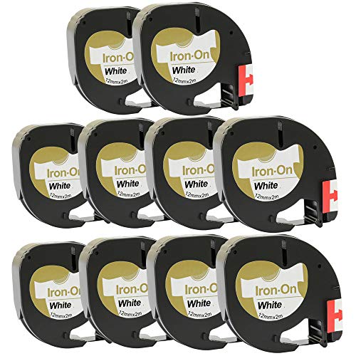 10 x Kompatibel Schriftband 18769 Schwarz auf Weiss Stoffetiketten zum Aufbügeln (12mm x 2m) für LetraTag LT110T, LT100H, LT100T, QX50, XR, XM, 2000, Plus von PRESTIGE CARTRIDGE