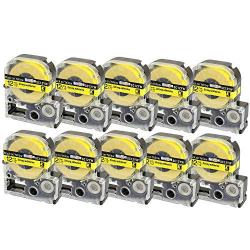 10 x Schriftband-Kassetten SC12YW LC-4YBW LC-4YBW9 schwarz auf gelb (12mm x 8m) kompatibel für Epson LabelWorks LW-300 LW-300L LW-400 LW-500 LW-600P LW-700 LW-900P LW-1000P King Jim Tepra Pro von PRESTIGE CARTRIDGE