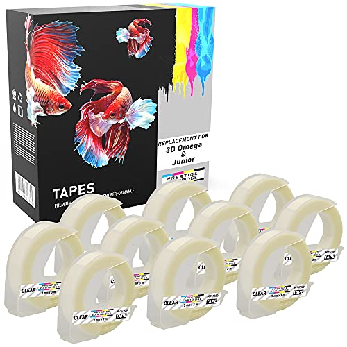 10er Pack weiß auf glänzend transparent 9mm x 3m Prägeetiketten (selbstklebend, kunststoff) kompatibel für Omega und Junior Etikettenprägegerät von PRESTIGE CARTRIDGE