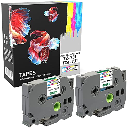 2 Kassetten TZe-731 TZ-731 schwarz auf grün 12mm x 8m Schriftband kompatibel für P-Touch PT-1000 1005 1010 3600 D200 D210 D210VP D450VP D600VP E100 E550WVP H101C H105 H110 H300 H500 P700 P750W von PRESTIGE CARTRIDGE