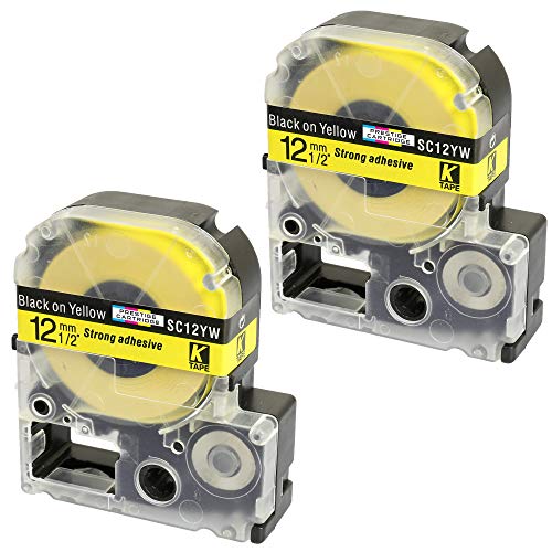 2 x Schriftband-Kassetten SC12YW LC-4YBW LC-4YBW9 schwarz auf gelb (12mm x 8m) kompatibel für Epson LabelWorks LW-300 LW-300L LW-400 LW-500 LW-600P LW-700 LW-900P LW-1000P KingJim TepraPro SR950 SR750 von PRESTIGE CARTRIDGE
