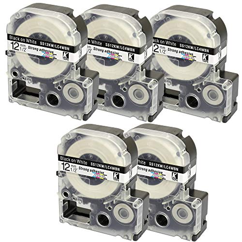5 x Schriftband-Kassetten SS12KW LC-4WBN LC-4WBN9 schwarz auf weiß (12mm x 8m) kompatibel für Epson LabelWorks LW-300 LW-300L LW-400 LW-500 LW-600P LW-700 LW-900P LW-1000P KingJim TepraPro SR950 SR750 von PRESTIGE CARTRIDGE