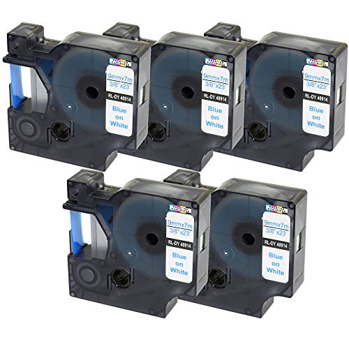 5x Schriftband-Kassetten 40914 S0720690 blau auf weiß 9mm x 7m kompatibel für LabelManager LM 160 210D 220P 260P 280 360D 420P 450D 500TS PnP MobileLabeler LabelPoint LabelWriter LW 450 Duo von PRESTIGE CARTRIDGE