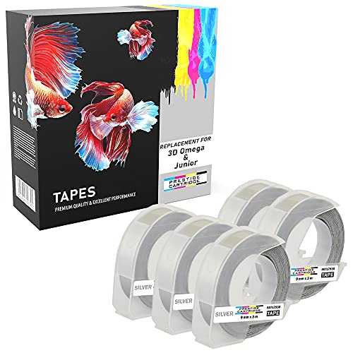 PRESTIGE CARTRIDGE Pack weiß auf glänzend silber 9mm x 3m Prägeetiketten (selbstklebend, kunststoff) kompatibel für Dymo Omega und Junior Etikettenprägegerät, 3D, weiß auf silber, standrd von PRESTIGE CARTRIDGE