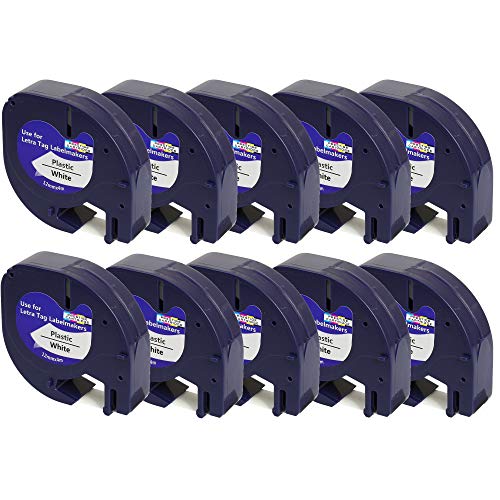 Prestige Cartridge 10 x Kunststoff-Etiketten 91201 S0721610 S0721660 schwarz auf weiß (12mm x 4m) kompatibel für DYMO LetraTag LT110T, LT100H, LT100T, QX50, XR, XM, 2000 von PRESTIGE CARTRIDGE