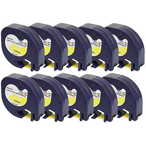 Prestige Cartridge 10 x Kunststoff-Etiketten 91202 S0721620 S0721670 schwarz auf gelb (12mm x 4m) kompatibel für DYMO LetraTag LT110T, LT100H, LT100T, QX50, XR, XM, 2000 von PRESTIGE CARTRIDGE