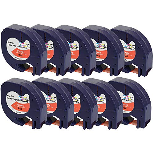 Prestige Cartridge 10 x Kunststoff-Etiketten 91203 91223 S0721680 S0721630 schwarz auf rot (12mm x 4m) kompatibel für LetraTag LT110T, LT100H, LT100T, QX50, XR, XM, 2000 von PRESTIGE CARTRIDGE