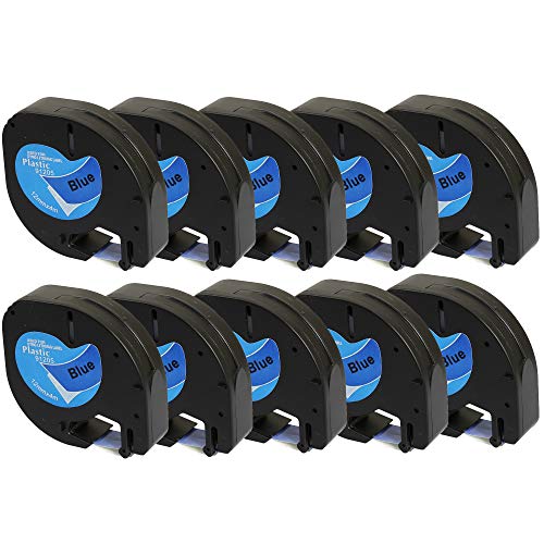 Prestige Cartridge 10 x Kunststoff-Etiketten 91205 91225 S0721700 S0721650 schwarz auf blau (12mm x 4m) kompatibel für LetraTag LT110T, LT100H, LT100T, QX50, XR, XM, 2000 von PRESTIGE CARTRIDGE