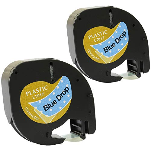 Prestige Cartridge 2 Kassetten schwarz auf blauer tropfen 12mm x 4m Kunststoff Schriftband kompatibel für LetraTag LT-100H LT-100T LT-110T QX50 XR XM 2000 Plus Beschriftungsgerät von PRESTIGE CARTRIDGE