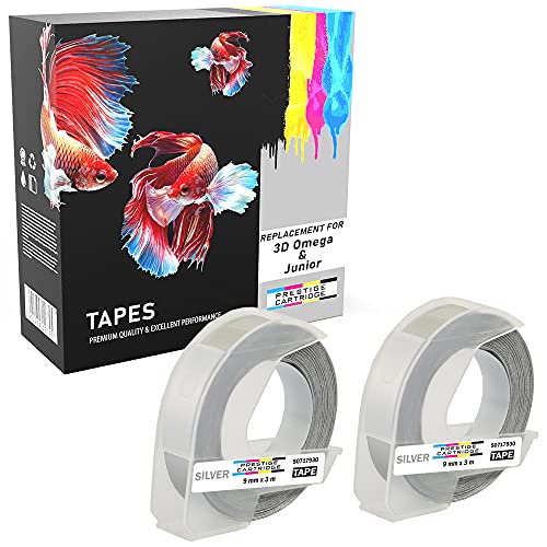 Prestige Cartridge 2x Weiß auf Silber 3D Prägeband 9mm x 3m kompatibel für Prägegeräte Junior und Omega von PRESTIGE CARTRIDGE